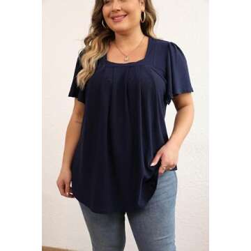 KLPOHV Women's Relaxed-Fit Short-Sleeve Square Neck Pleated Swing Tee Plus Size Solid Office Tops Tshirts 2X Navy