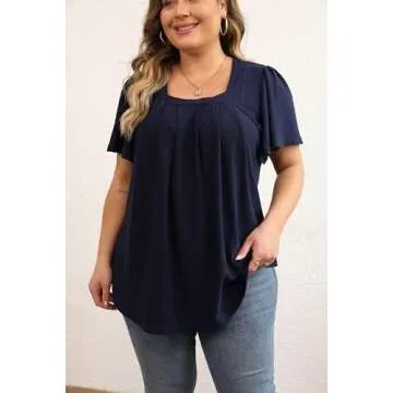 KLPOHV Plus Size Short-Sleeve Square Neck Tops for Women