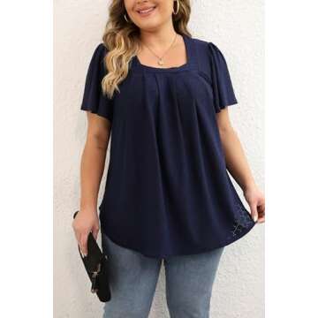 KLPOHV Women's Relaxed-Fit Short-Sleeve Square Neck Pleated Swing Tee Plus Size Solid Office Tops Tshirts 2X Navy