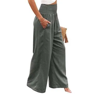 Vansha Women Summer High Waisted Cotton Linen Palazzo Pants Wide Leg Long Lounge Pant Trousers with Pocket Dark Grey XL