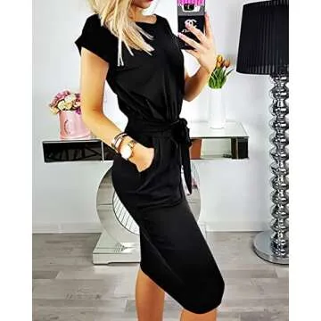 PRETTYGARDEN Women's Summer Short Sleeve Crewneck Striped Dress Basic Solid Tie Waist Office T Shirt Dresses Pockets Black Small