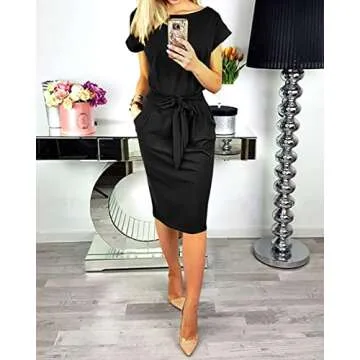 PRETTYGARDEN Women's Summer Short Sleeve Crewneck Striped Dress Basic Solid Tie Waist Office T Shirt Dresses Pockets Black Small