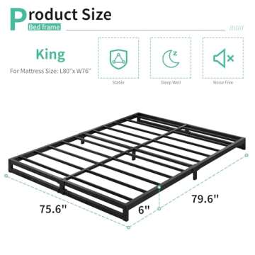 Lutown-Teen 6 Inch King Size Bed Frame Sturdy Mattress Foundation, Heavy Duty Metal Platform with St...