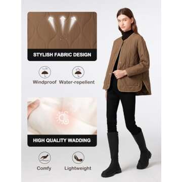 ROYAL MATRIX Women's Quilted Jacket Lightweight and Padded Trendy Coat Button Down Jacket with Pockets (Khaki, S)