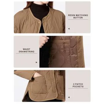 ROYAL MATRIX Women's Quilted Jacket Lightweight and Padded Trendy Coat Button Down Jacket with Pockets (Khaki, S)