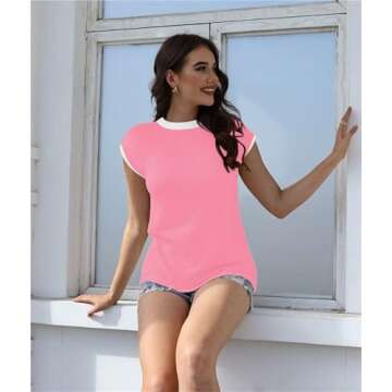 Disamer Cap Sleeve Knit Sweater Tops Sleeveless Vest 2025 Spring Clothes Oversized Summer Tank Trendy Short Sleeve T Shirts,Pink,Medium
