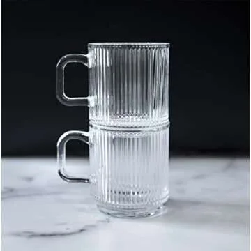 Greenline Goods Ribbed Ripple Art Deco Glassware Mugs Set of 2-12 oz Origami Style Glass Cups - Aesthetic Drinking Glasses - Retro Unique Fluted Vintage Glasses For Coffee, Tea, or Modern Bar
