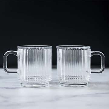 Greenline Goods Ribbed Ripple Art Deco Glassware Mugs Set of 2-12 oz Origami Style Glass Cups - Aesthetic Drinking Glasses - Retro Unique Fluted Vintage Glasses For Coffee, Tea, or Modern Bar