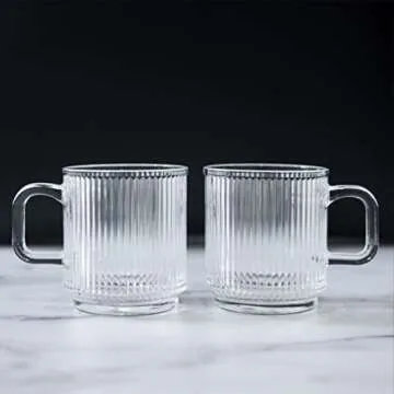 Greenline Goods Ribbed Ripple Art Deco Glassware Mugs Set of 2-12 oz Origami Style Glass Cups - Aesthetic Drinking Glasses - Retro Unique Fluted Vintage Glasses For Coffee, Tea, or Modern Bar