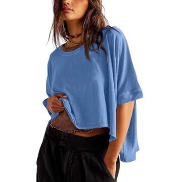 Tankaneo Womens Oversized T-Shirts Cropped Summer Casual Short Sleeve Loose Fit Tee Tops Blue