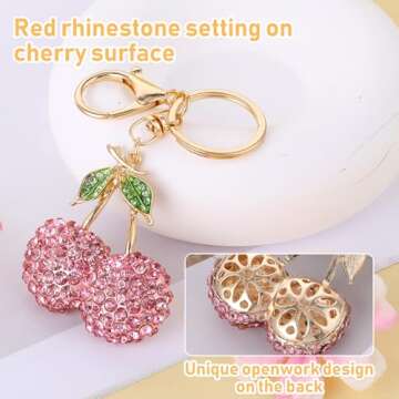 Rhinestone Cherry Keychain Cute Sparkling Fruit Cherry Bag Charms Purse Charms Aesthetic Keychain Charms Purse Keychain with Leaves Keyring for Bag Purse Wallet Handbags Car Accessories (Pink)