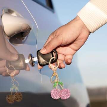 Rhinestone Cherry Keychain Cute Sparkling Fruit Cherry Bag Charms Purse Charms Aesthetic Keychain Charms Purse Keychain with Leaves Keyring for Bag Purse Wallet Handbags Car Accessories (Pink)