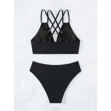 GORGLITTER Women's 2 Piece Bikini Set Criss Cross Cut Out Swimsuits High Waisted Bottom Bathing Suit Solid Black Medium