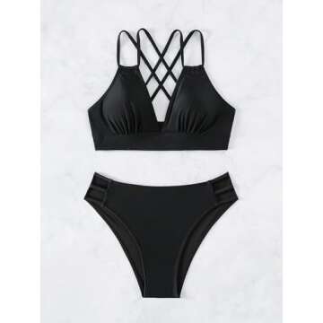 GORGLITTER Women's 2 Piece Bikini Set Criss Cross Cut Out Swimsuits High Waisted Bottom Bathing Suit Solid Black Medium