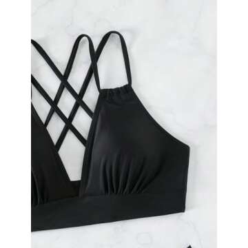 GORGLITTER Women's 2 Piece Bikini Set Criss Cross Cut Out Swimsuits High Waisted Bottom Bathing Suit Solid Black Medium