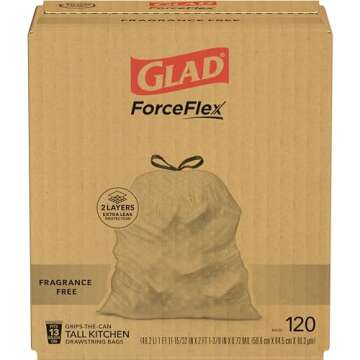Glad ForceFlex Tall Kitchen Drawstring Trash Bags, 13 Gal, Fragrance Free, 120 Ct, Package May Vary