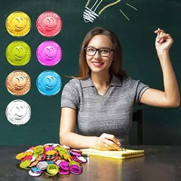 Mczxon Caught Being Good Coins Tokens-100 Pcs, Colorful Plastic Reward Incentive Behavior Pretend Play Coins with Reward Jar, Reward Plastic Play Incentive Tokens for Kids Behavior School Teacher
