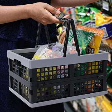 Jandson 2 Packs Plastic Folding Storage Crate with Handle, Collapsible Shopping Basket, 16 L, R