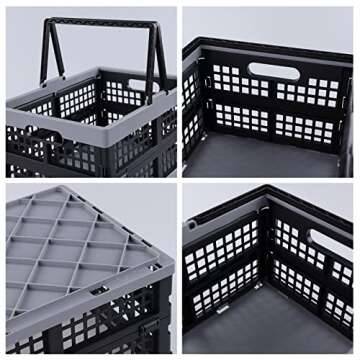 Jandson 2 Packs Plastic Folding Storage Crate with Handle, Collapsible Shopping Basket, 16 L, R