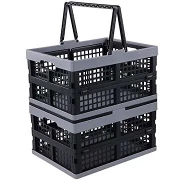 Jandson 2 Packs Plastic Folding Storage Crate with Handle, Collapsible Shopping Basket, 16 L, R