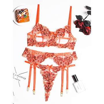 Kaei&Shi Garter Lingerie for Women,Underwire Cutout Floral Embroidered Sheer Lace Lingerie,Matching G-String 3 Piece Sexy Lingerie Set Petite Boudoir Orange Small