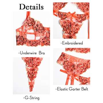 Kaei&Shi Garter Lingerie for Women,Underwire Cutout Floral Embroidered Sheer Lace Lingerie,Matching G-String 3 Piece Sexy Lingerie Set Petite Boudoir Orange Small