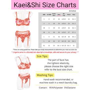 Kaei&Shi Garter Lingerie for Women,Underwire Cutout Floral Embroidered Sheer Lace Lingerie,Matching G-String 3 Piece Sexy Lingerie Set Petite Boudoir Orange Small