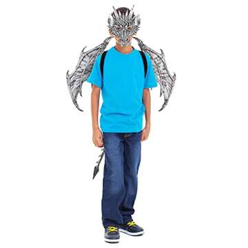 AHUIPEIUS Children's Dragon Costume For Kids Wings Dinosaur Tail Mask Set Cosplay Kids Halloween Dragon Costume (Silver)
