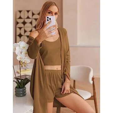 Ekouaer Womens 3 Piece Waffle Knit Lounge Set Soft Pajama Sets Tank Top and Shorts Cardigan with Pockets (Brown, M)