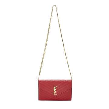 Yves Saint Laurent, Pre-Loved Red Grained Calfskin Envelope Wallet-On-Chain (WOC), Red