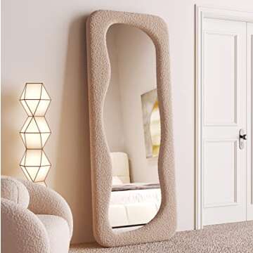 BOJOY Full Length Mirror,63"x24" Irregular Wavy Mirror, Asymmetrical Mirror, Wave Arched Floor Mirror, Wall Mirror Standing Hanging or Leaning Against Wall for Bedroom -Milk Tea Color