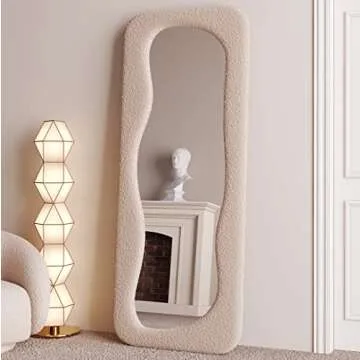 BOJOY Full Length Mirror,63"x24" Irregular Wavy Mirror, Asymmetrical Mirror, Wave Arched Floor Mirror, Wall Mirror Standing Hanging or Leaning Against Wall for Bedroom -Milk Tea Color