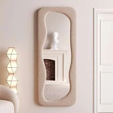 BOJOY Full Length Mirror,63"x24" Irregular Wavy Mirror, Asymmetrical Mirror, Wave Arched Floor Mirror, Wall Mirror Standing Hanging or Leaning Against Wall for Bedroom -Milk Tea Color