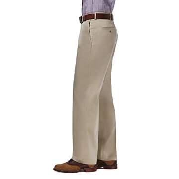 Haggar mens Premium No Iron Khaki Classic Fit Expandable Waist Flat Front Casual Pants, Khaki, 34W x...