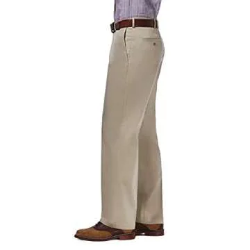 Haggar mens Premium No Iron Khaki Classic Fit Expandable Waist Flat Front Casual Pants, Khaki, 34W x...