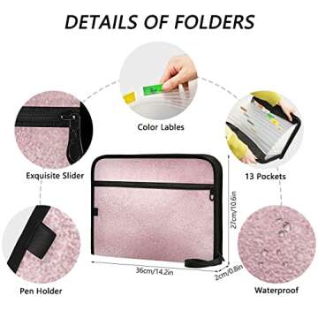 Rose Gold Metal Texture Expanding File Folders Zipper Closure Acordian File Keeper Water Resistant Document Organizer 13 Pockets File Box Letter Size