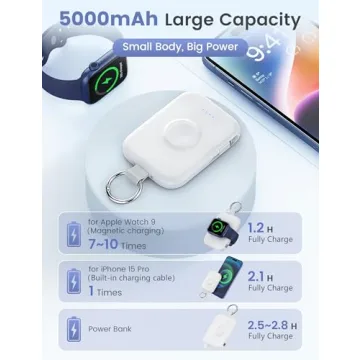 RORRY Portable Charger, 5000mAh Portable Charger Power Bank with Built-in Cables, Travel Keychain Battery Pack for Apple Watch Ultra 2/9/8/Ultra/7/6/SE/5, iPhone 16/15/14/13/12, White