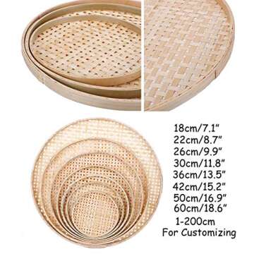 100% Handwoven Flat Wicker Round Fruit Basket Woven Food Storage Weaved Shallow Tray Organizer Holder Bowl Decorative Rack Display Kids DIY Drawing Board (Sqaure Hollow-Bamboo White, 26cm/10.2")