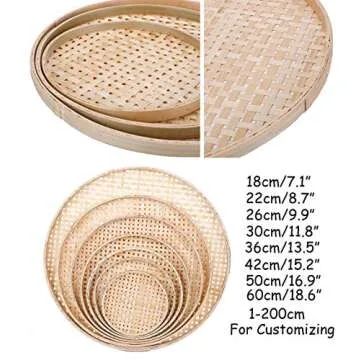 100% Handwoven Flat Wicker Round Fruit Basket Woven Food Storage Weaved Shallow Tray Organizer Holder Bowl Decorative Rack Display Kids DIY Drawing Board (Sqaure Hollow-Bamboo White, 26cm/10.2")
