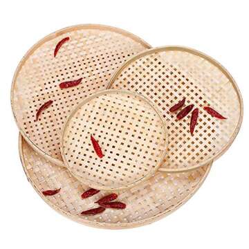 100% Handwoven Flat Wicker Round Fruit Basket Woven Food Storage Weaved Shallow Tray Organizer Holder Bowl Decorative Rack Display Kids DIY Drawing Board (Sqaure Hollow-Bamboo White, 26cm/10.2")