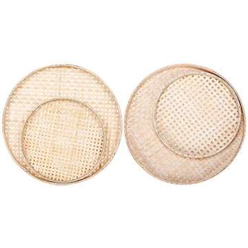 100% Handwoven Flat Wicker Round Fruit Basket Woven Food Storage Weaved Shallow Tray Organizer Holder Bowl Decorative Rack Display Kids DIY Drawing Board (Sqaure Hollow-Bamboo White, 26cm/10.2")