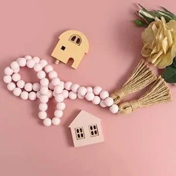 Meplait 39in Wood Bead Garland with Pink Tassels