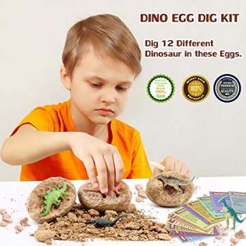 VATOS Dinosaur Eggs Dig Kit 12 Pack,Discover 12 Different Dinos, Easter Eggs Archaeology and Paleont...