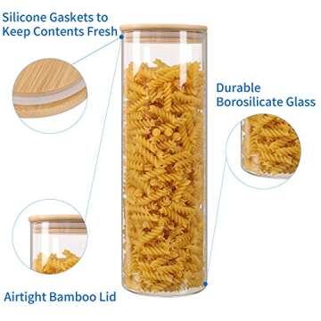 YUNCANG Glass Storage Jars, Set of 3 (Round)-Glass Storage Containers with Bamboo Lid For Spaghetti, Cookie,Flour,Pasta,Coffee, Candy(74oz/3200ml)