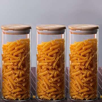 YUNCANG Glass Storage Jars, Set of 3 (Round)-Glass Storage Containers with Bamboo Lid For Spaghetti, Cookie,Flour,Pasta,Coffee, Candy(74oz/3200ml)