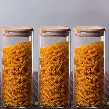 YUNCANG Glass Storage Jars, Set of 3 (Round)-Glass Storage Containers with Bamboo Lid For Spaghetti, Cookie,Flour,Pasta,Coffee, Candy(74oz/3200ml)