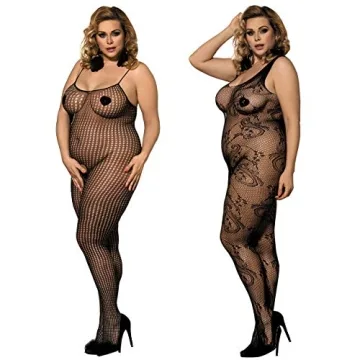 LOVELYBOBO 2 Pack Womens Plus Size Fishnet Bodystockings Striped Lingerie Crotchless Bodysuits Tight...