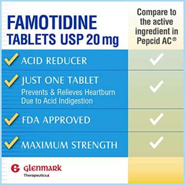 Glenmark Maximum Strength Famotidine Tablets, 20 mg, Acid Reducer for Heartburn Relief, 200 Count