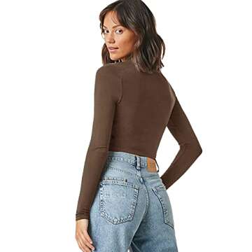 Verdusa Women's Basic Mock Neck Long Sleeve Fitted Crop T Shirt Top Coffee S