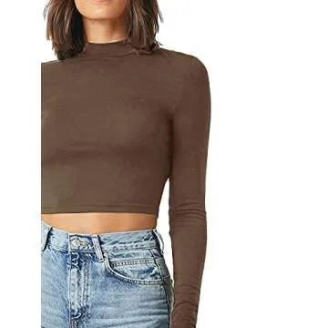 Verdusa Women's Basic Mock Neck Long Sleeve Fitted Crop T Shirt Top Coffee S